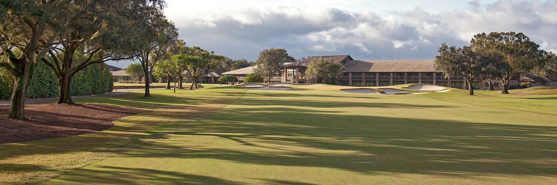 A lush green field with trees and a house in the background