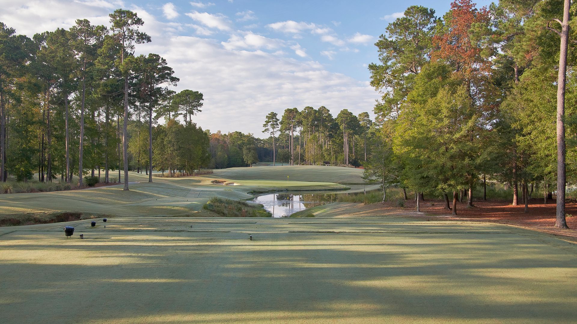 A golf course with trees and a pond in the middle