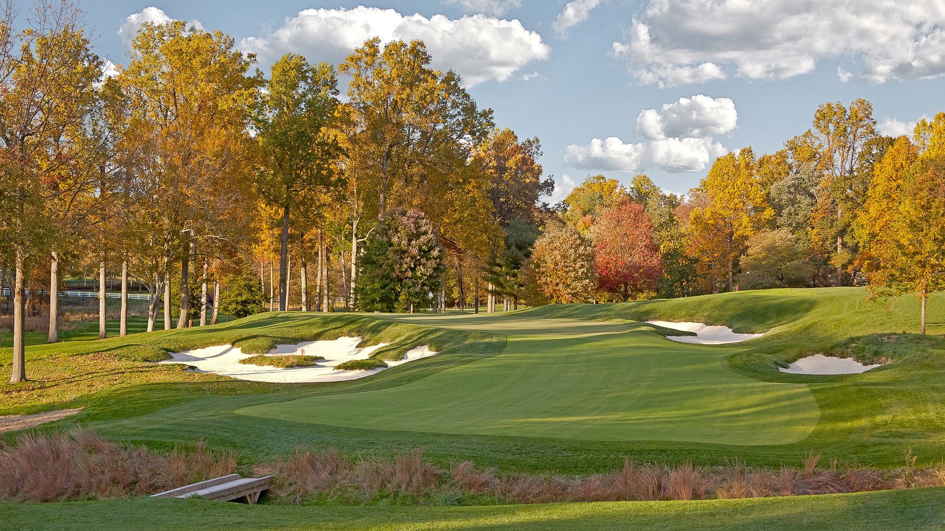A golf course surrounded by trees on a sunny day