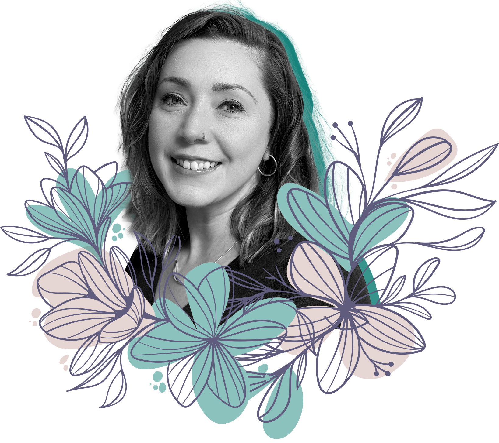 Image of Nicole Francisco smiling, surrounded by illustrated flowers
