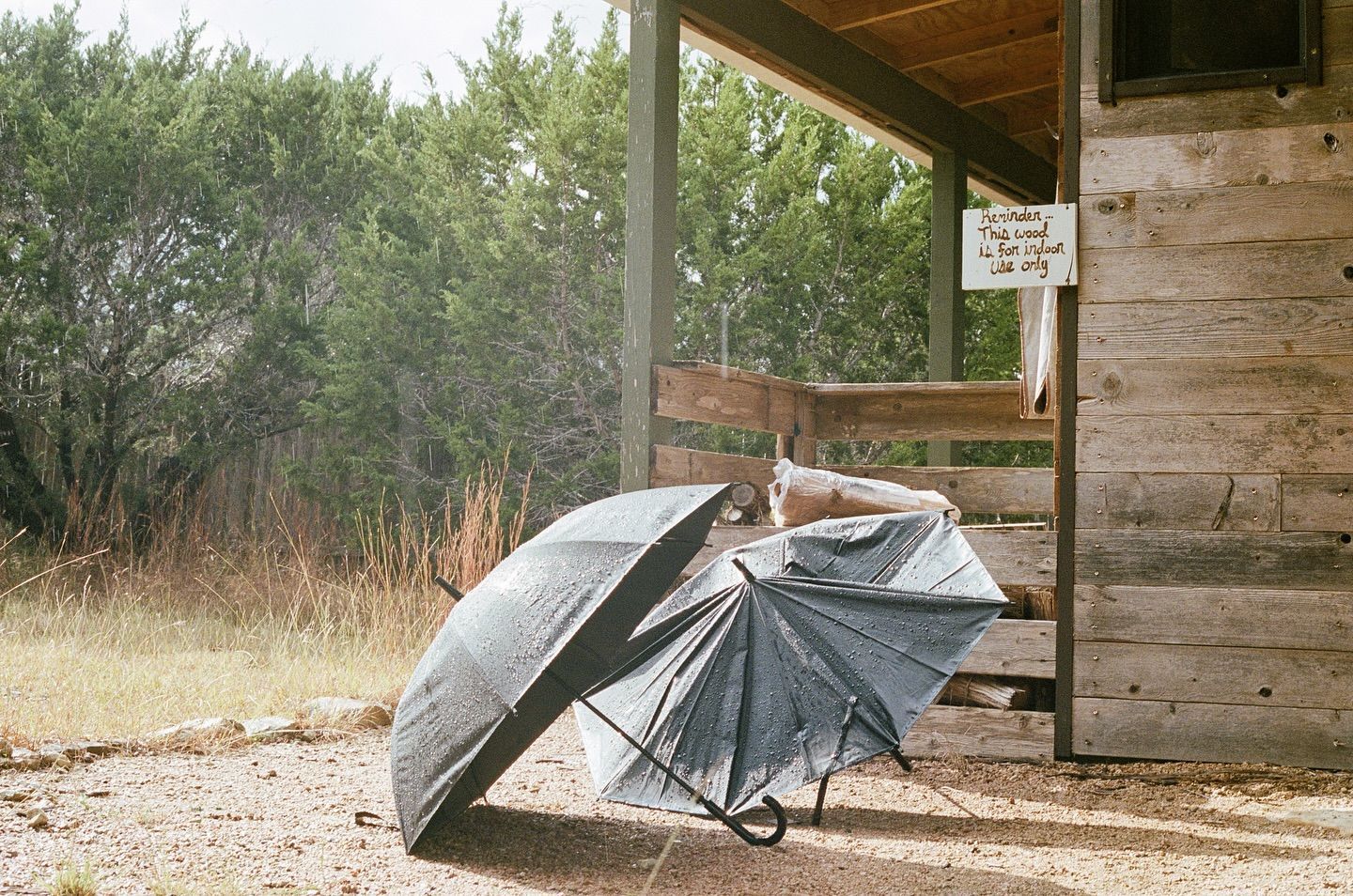 Two black umbrellas with water droplets stand on gravel outside a rustic wooden cabin near a field.
