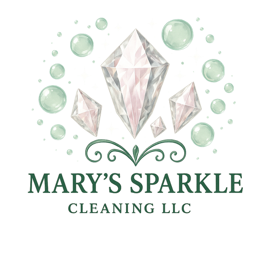 A logo for mary 's sparkle cleaning llc with a teapot and cleaning supplies.