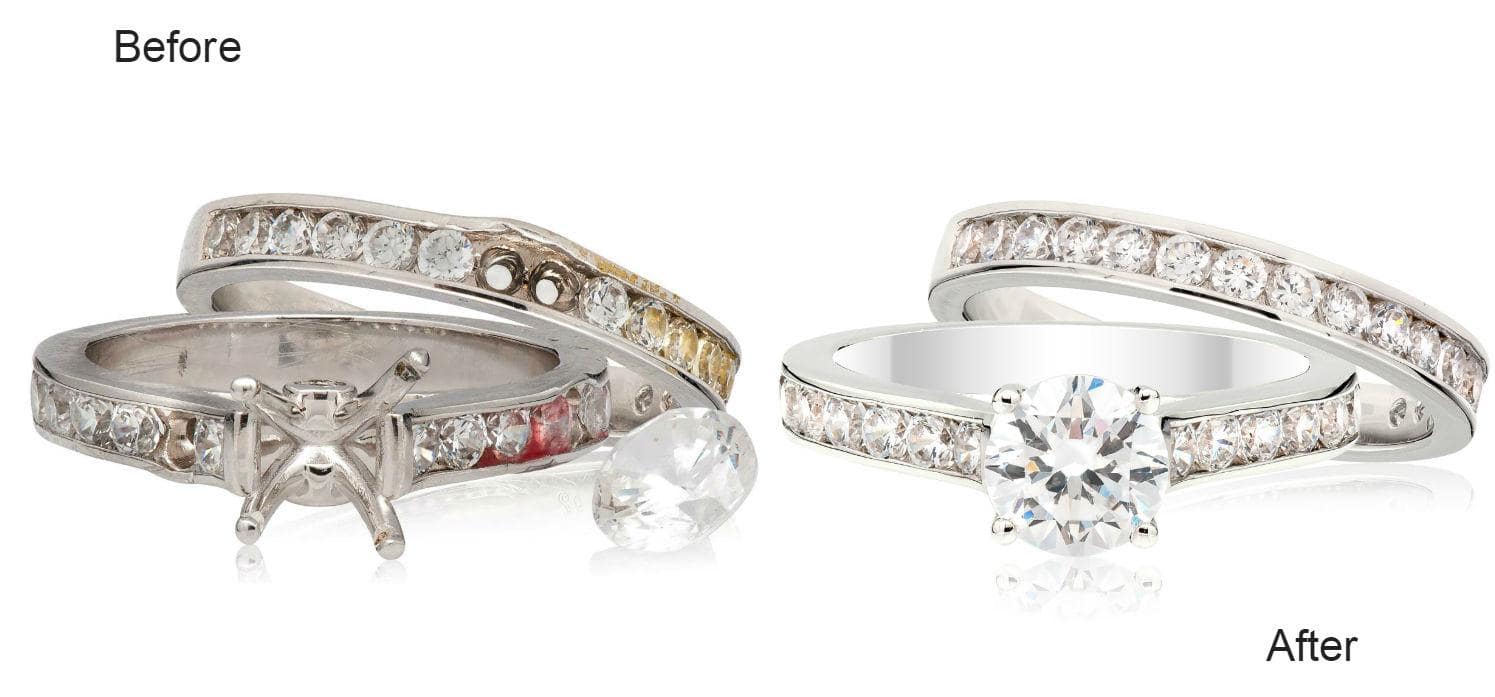 Jewelry rings before and after cleaning and repair. The