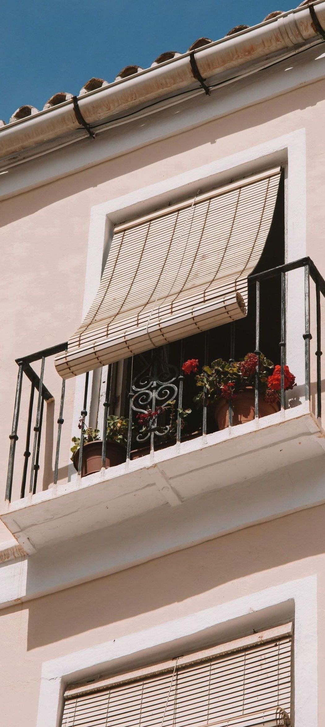 A balcony with a wicker awning and potted plants on it.