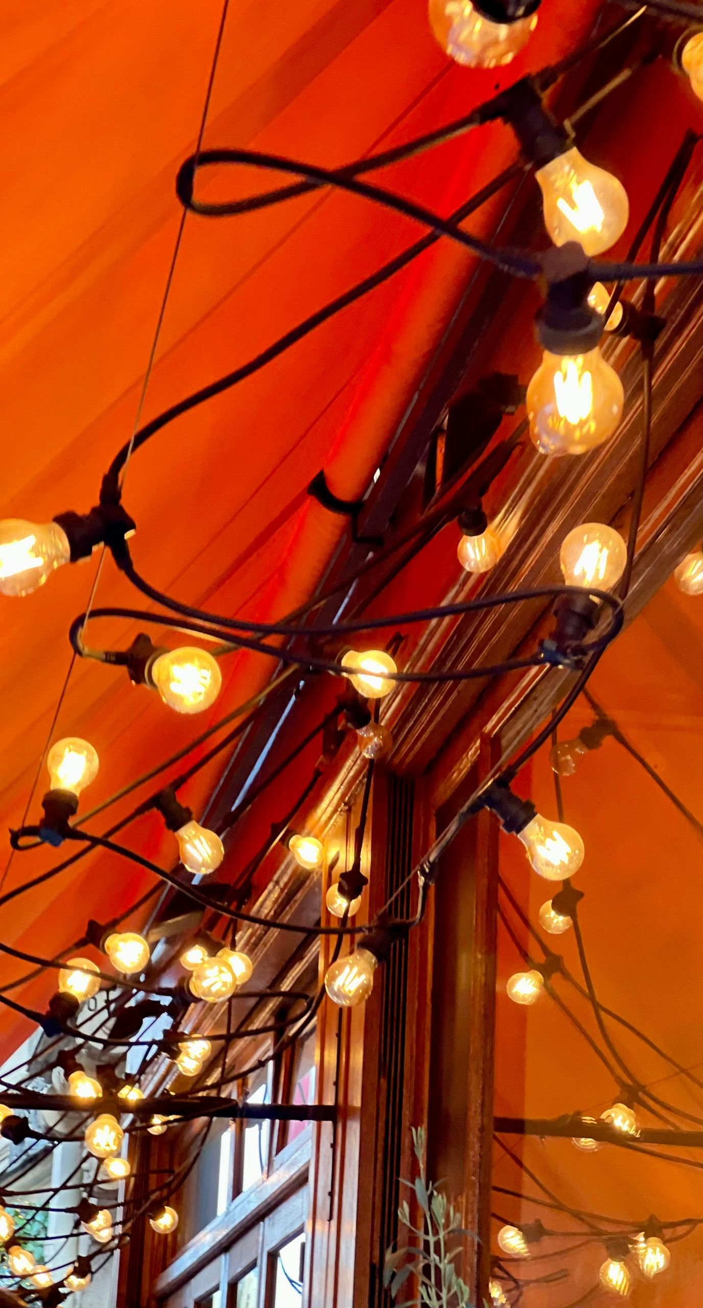 String lights illuminate an orange canopy and wooden beams.