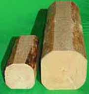 Due tronchi di legno sono appoggiati uno accanto all'altro su una superficie verde.