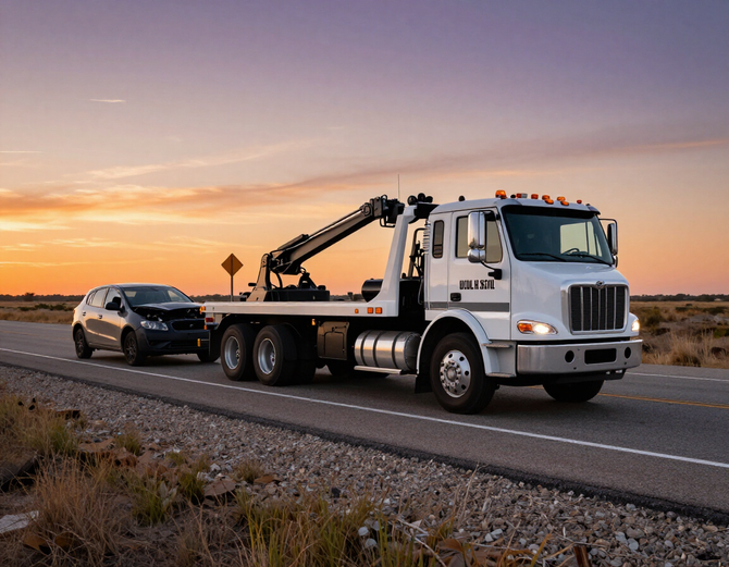 Tow truck assisting a disabled vehicle on a Texas highway at sunset.