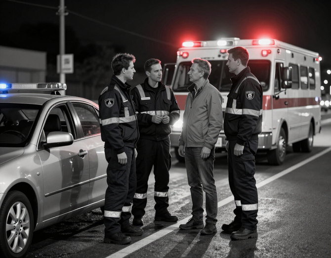 Towing team speaking with a customer beside a stranded vehicle at night.