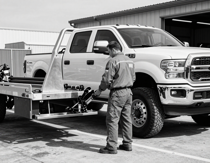 Professional towing operator inspecting a tow truck in a service yard.
