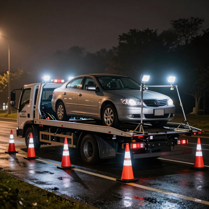 Flatbed tow truck securely transporting a motorcycle with professional equipment.