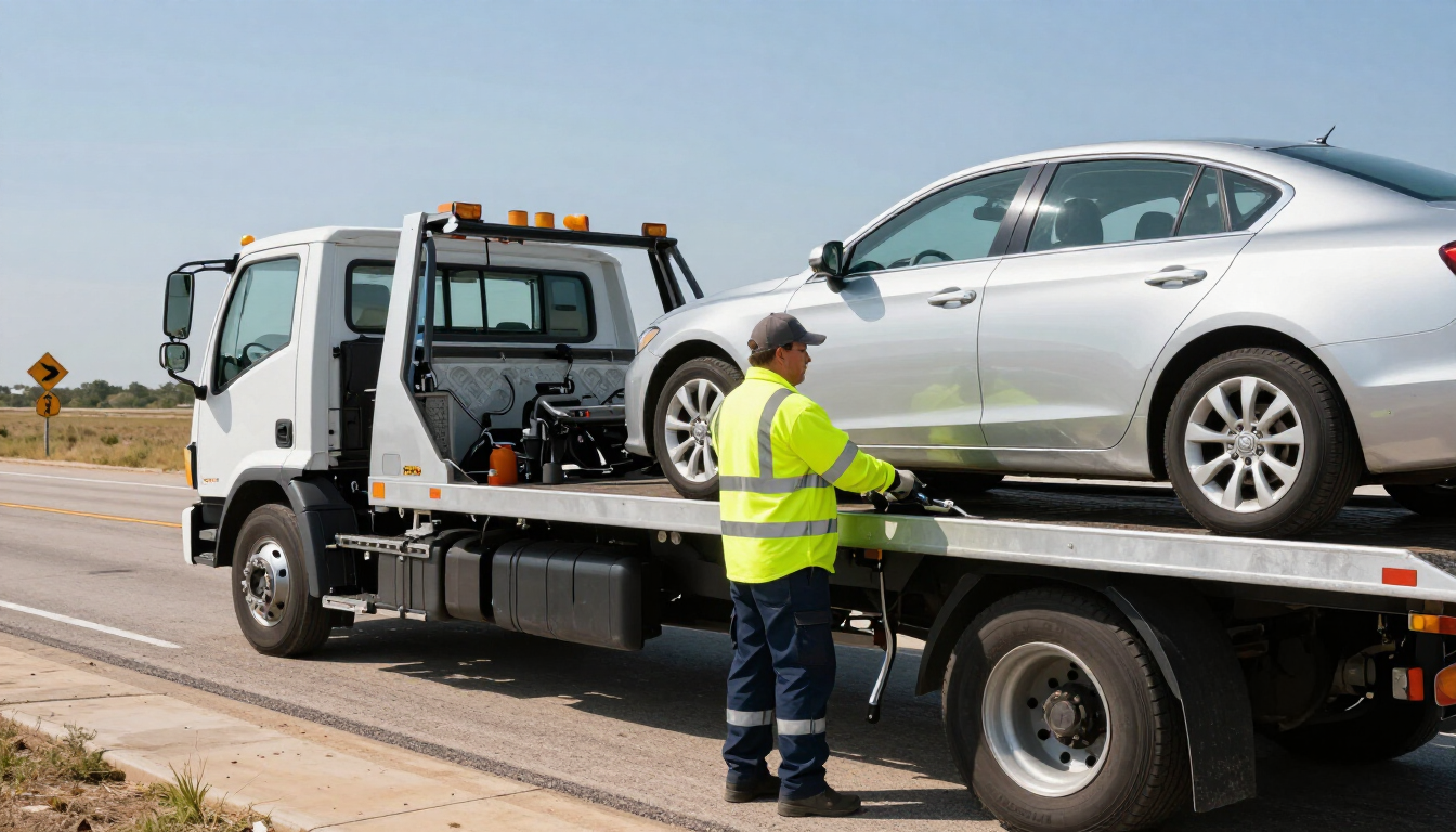A professional towing truck providing 24/7 roadside assistance on a Texas highway at night.