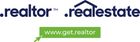 Logo for Realtor.com with a blue roof graphic, and a green button that says 