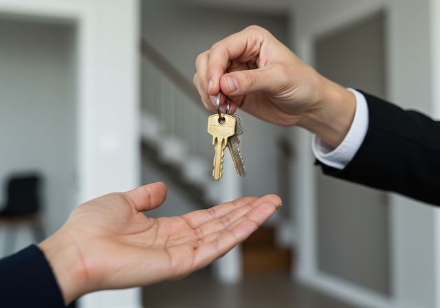 A person in a suit hands keys to another person, likely a new homeowner, inside a brightly lit house.