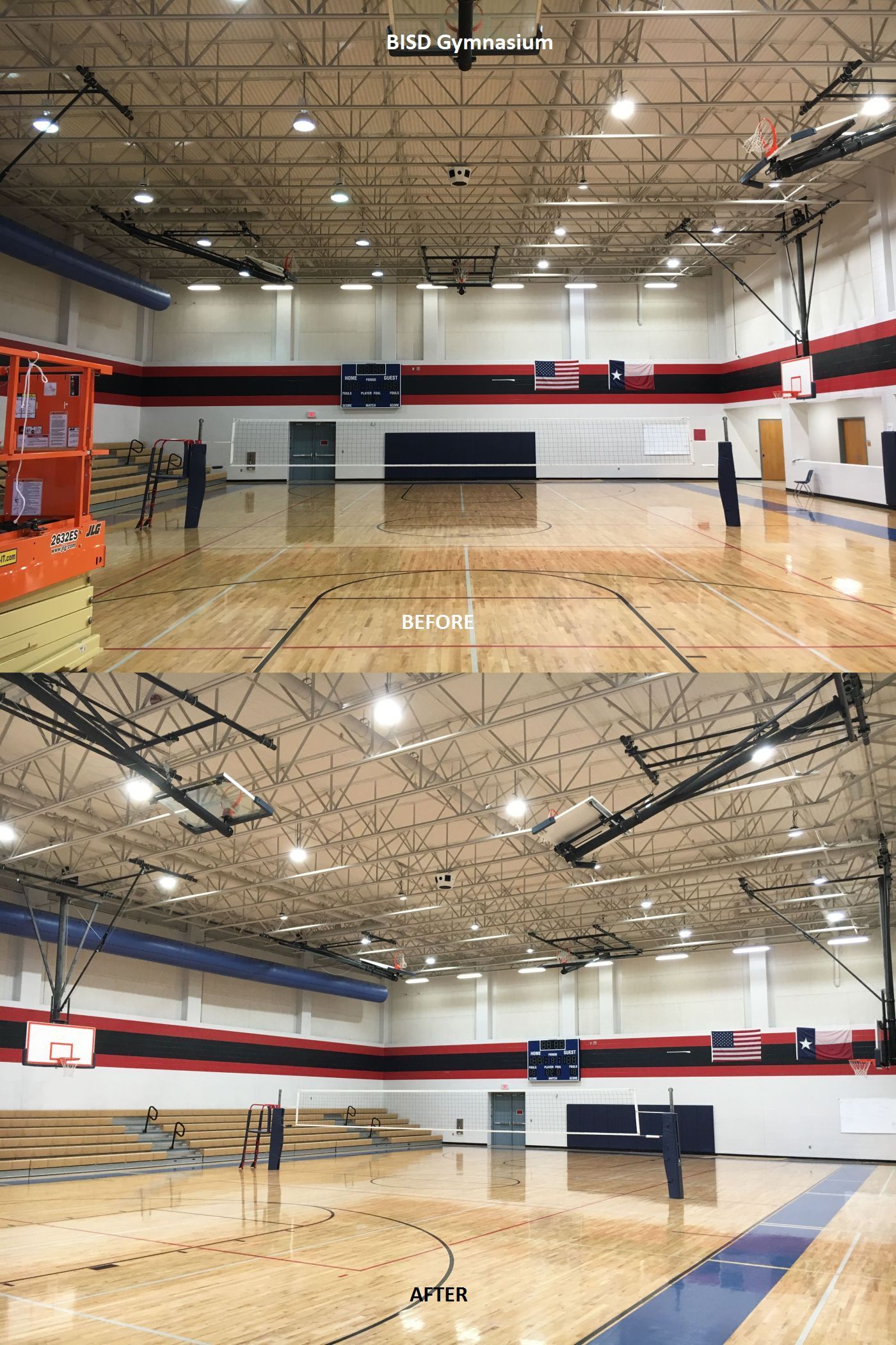 A before and after photo of a basketball court in a gym.