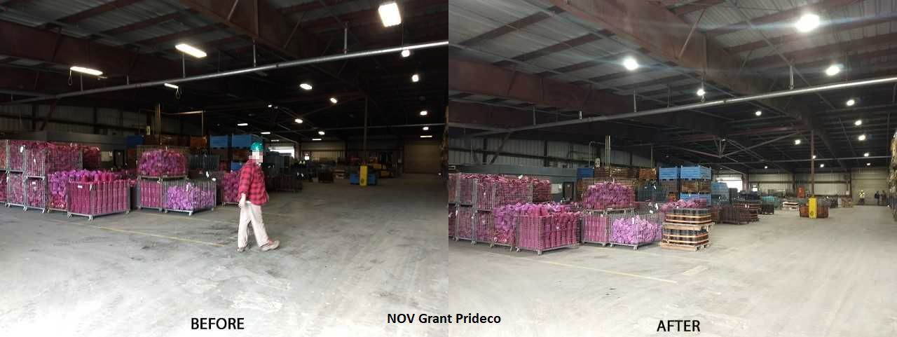 A before and after photo of a warehouse with a man walking through it.