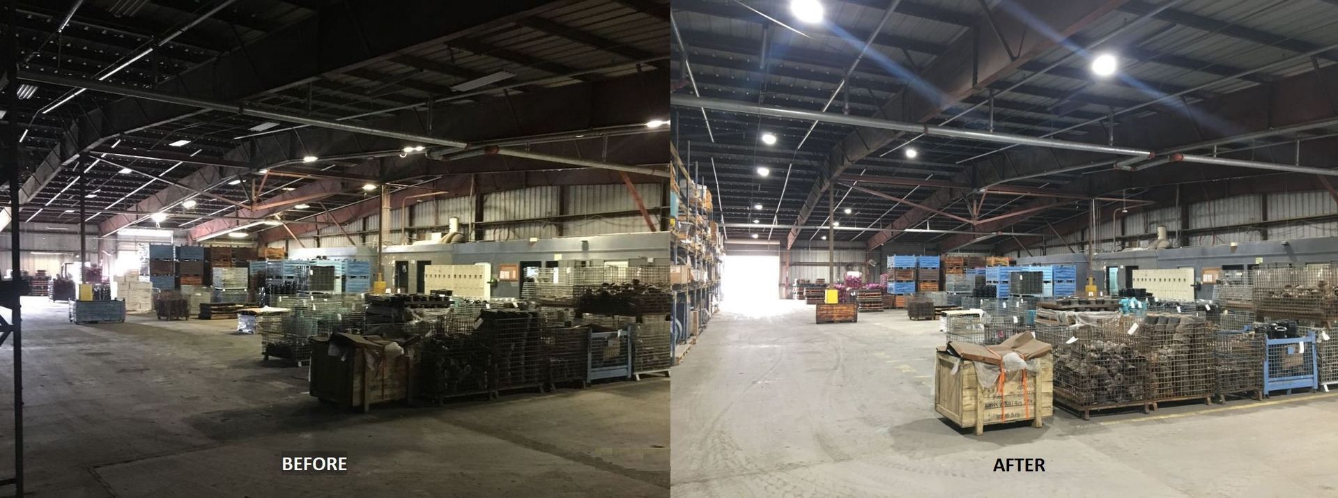 A before and after photo of a large warehouse filled with lots of boxes.