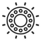 A black and white icon of a sun with circles around it.