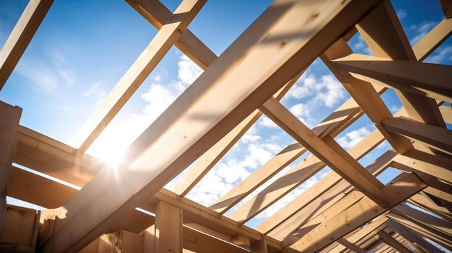 Il sole splende attraverso le travi di legno di un edificio in costruzione.