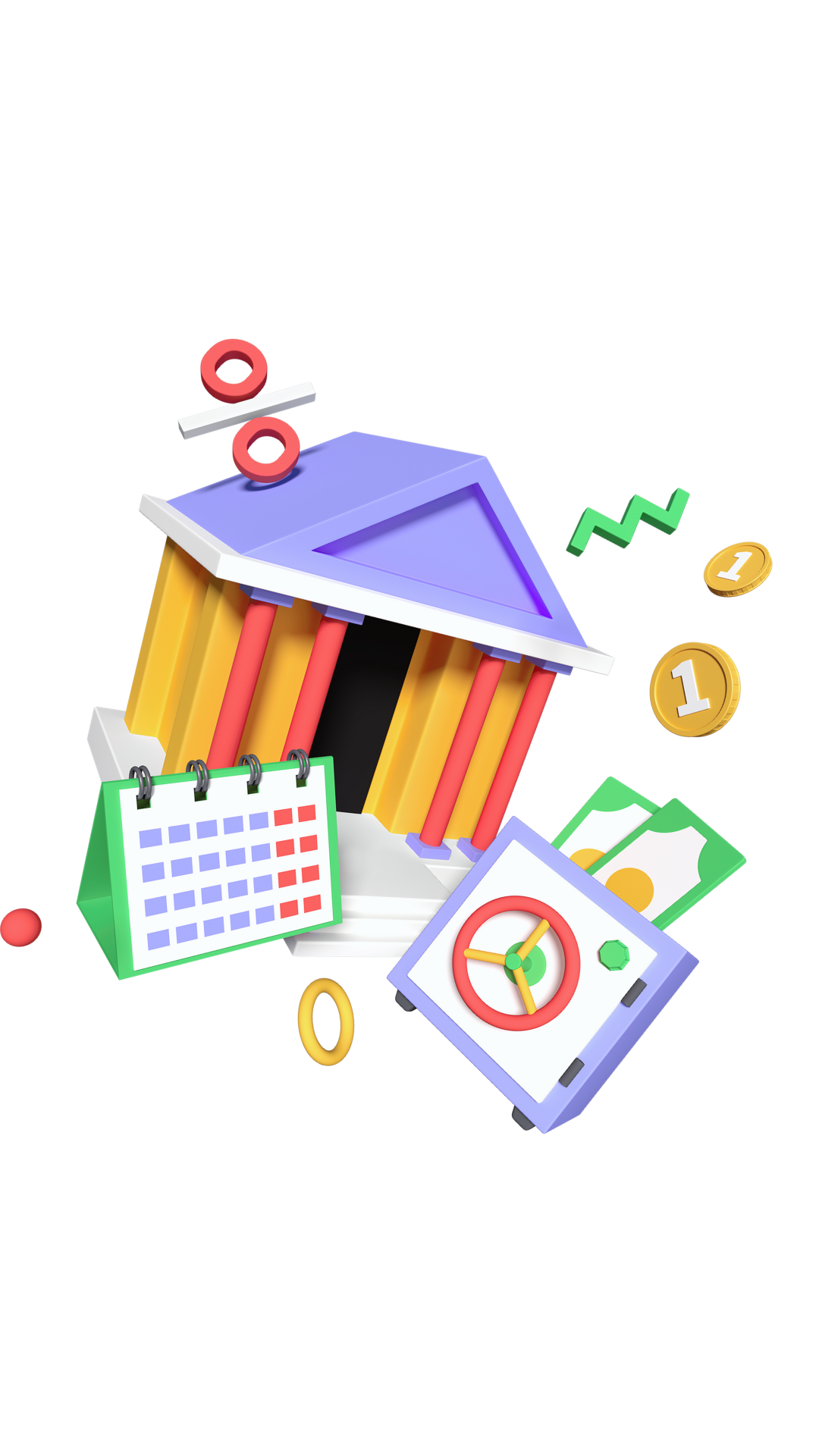 Eine 3D-Illustration eines Bankgebäudes, umgeben von Geld, Münzen und einem Kalender.