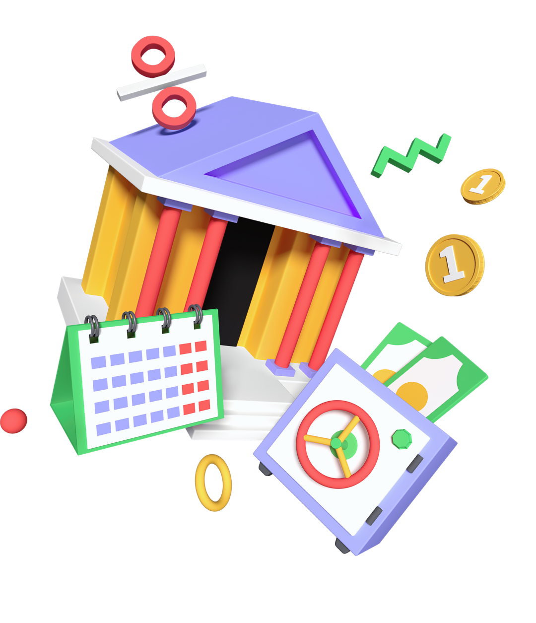 Eine 3D-Illustration eines Bankgebäudes, umgeben von Geld, Münzen und einem Kalender.