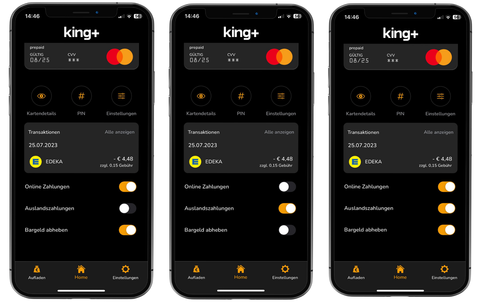 Auf drei Telefonen werden unterschiedliche Versionen der King+-App angezeigt.