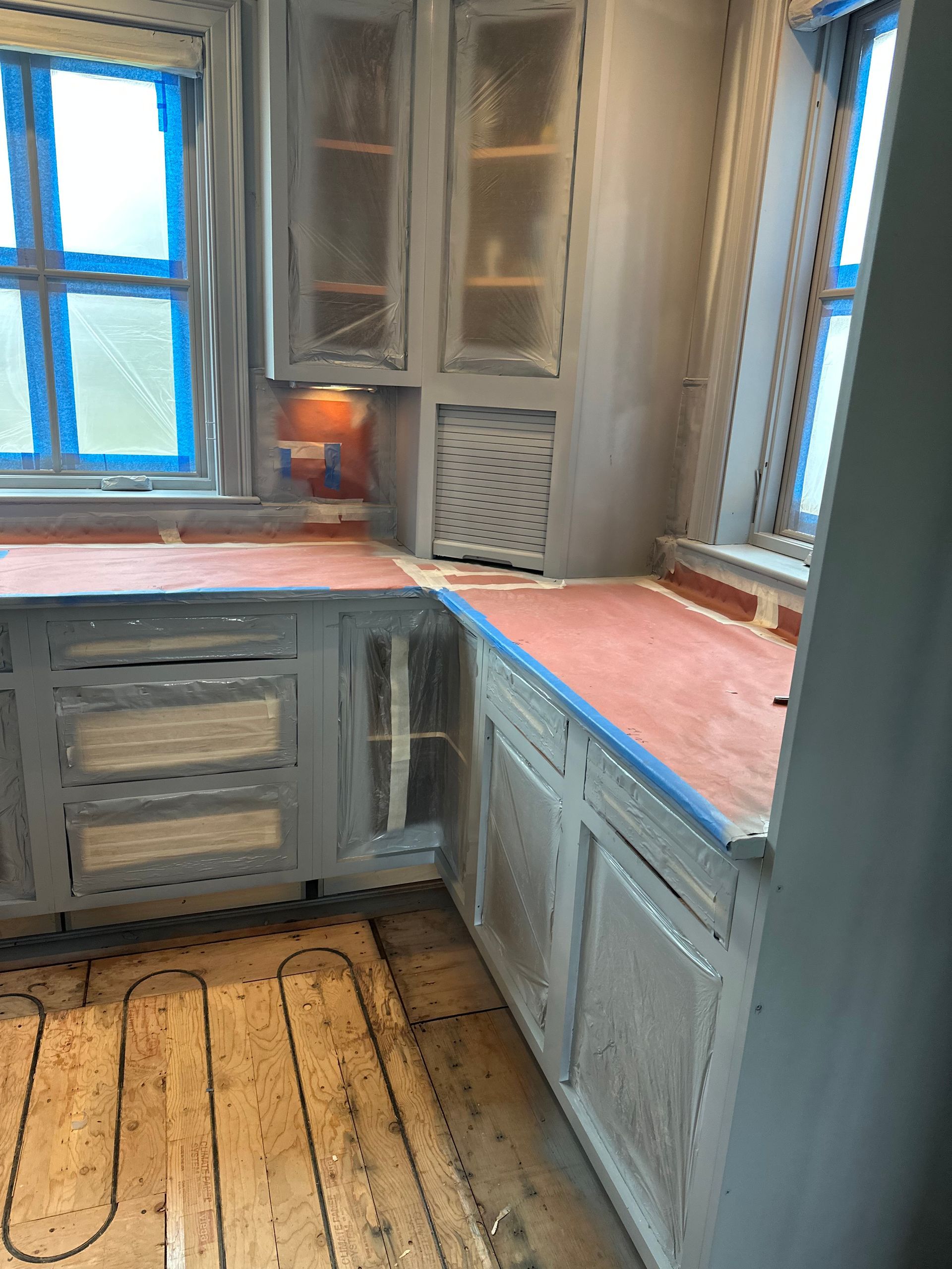 Interior Kitchen covered before painting in kennebunk