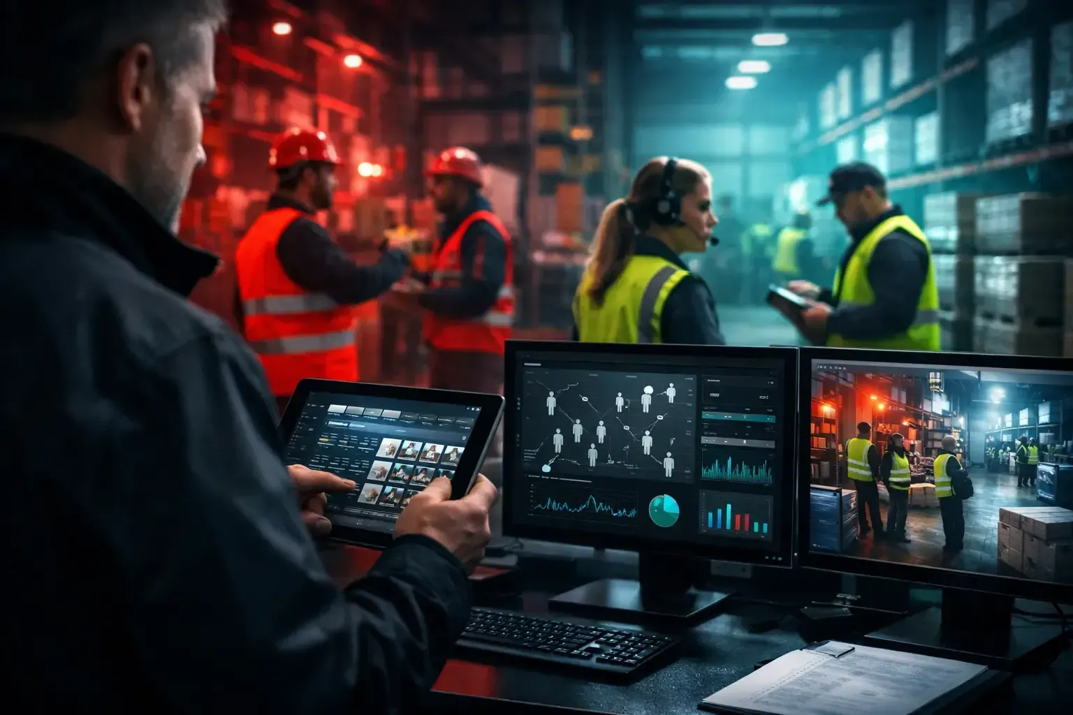 Control room monitoring construction site with workers, glowing dashboards, and tablet screens at night