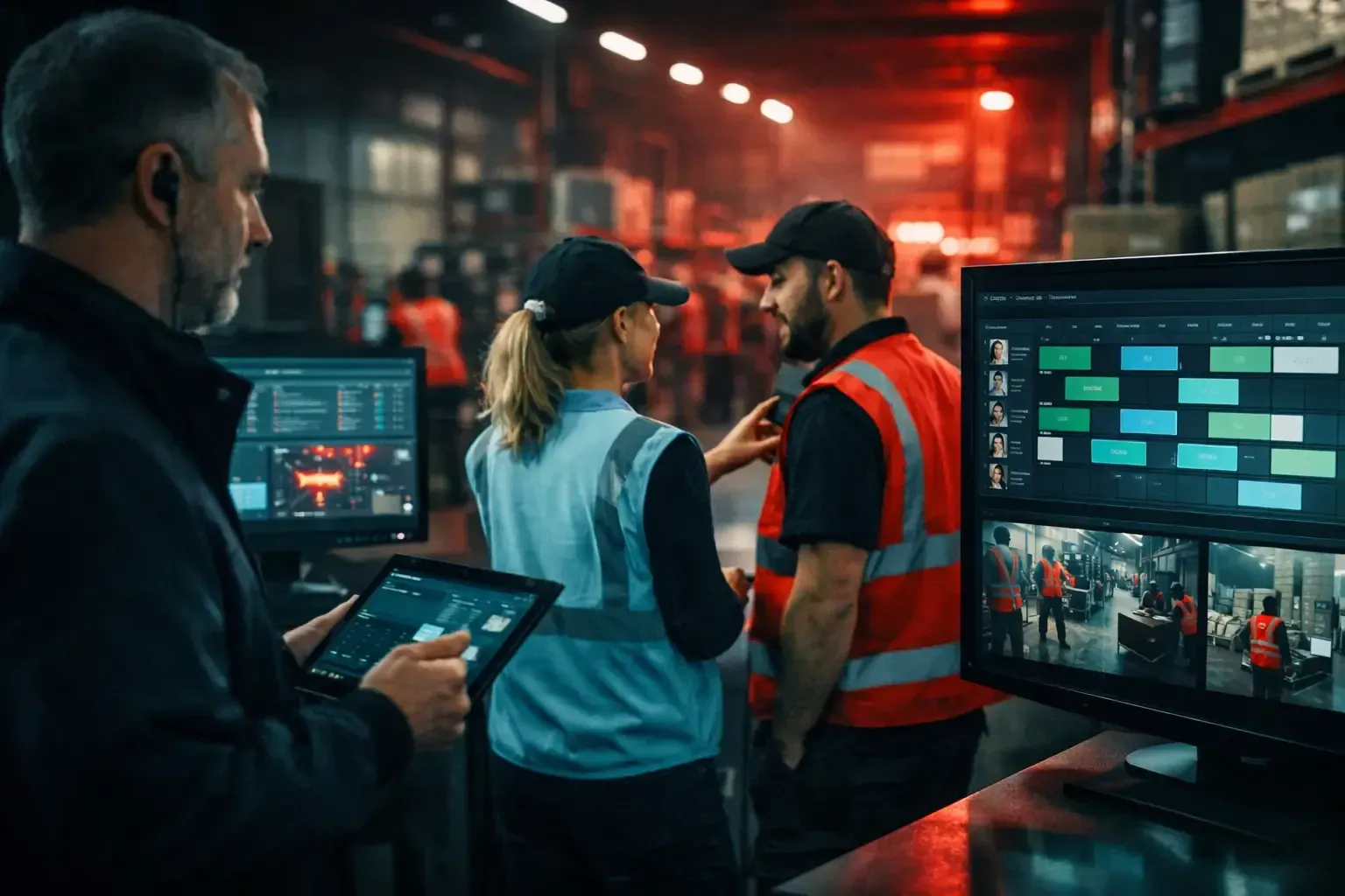 Workers reviewing security monitors in a dim control room, with live camera feeds on screens
