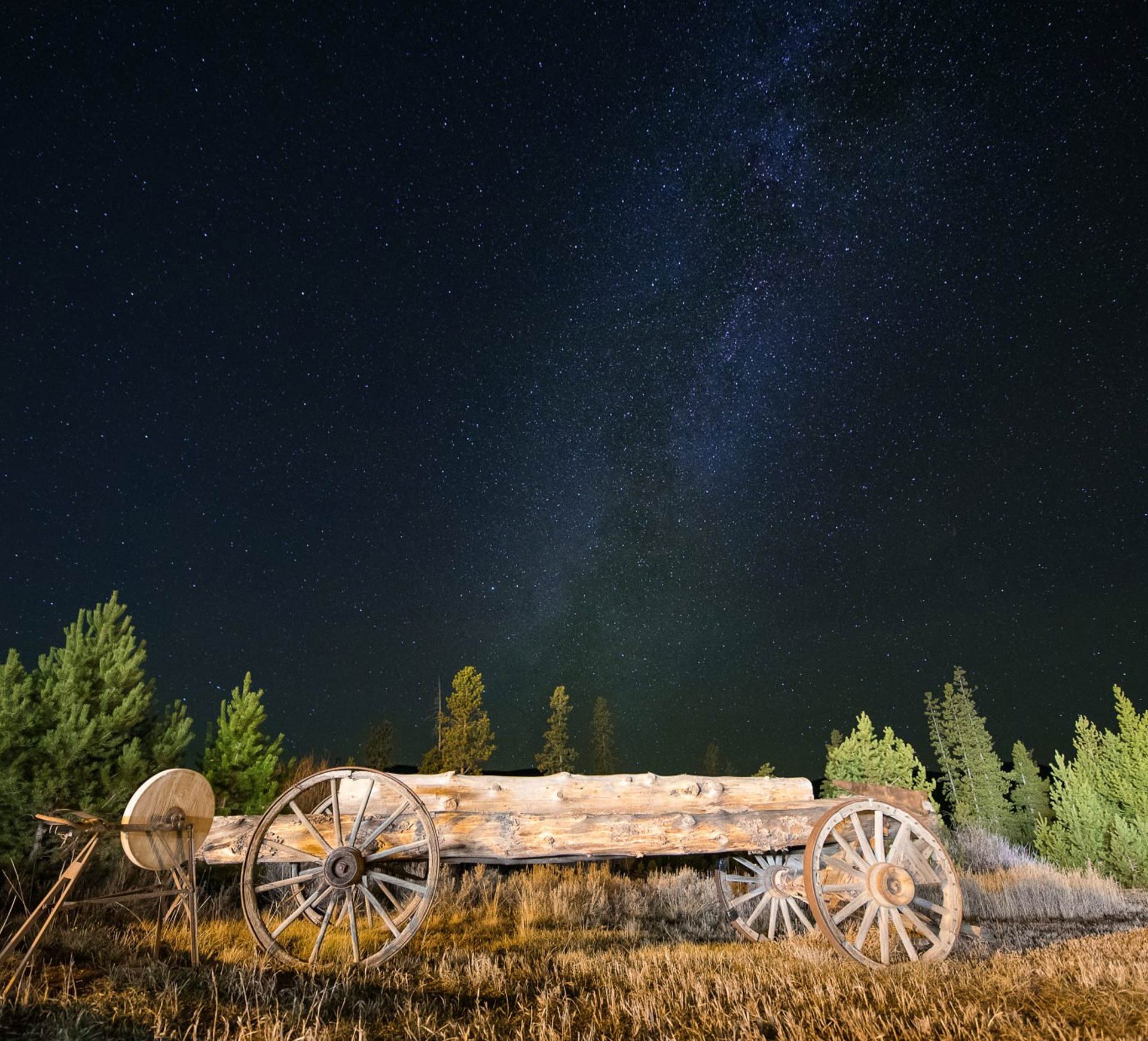 log cart with wheels under a starry night in the winding river ranch