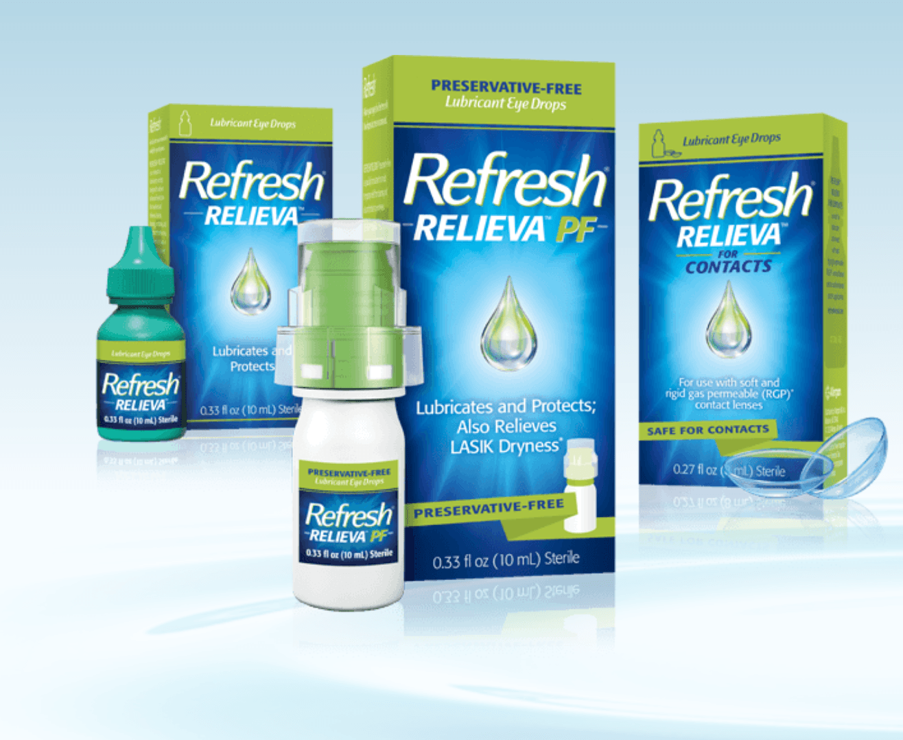 Several Refresh eye drops products, in varying sizes and packaging, against a light blue background.
