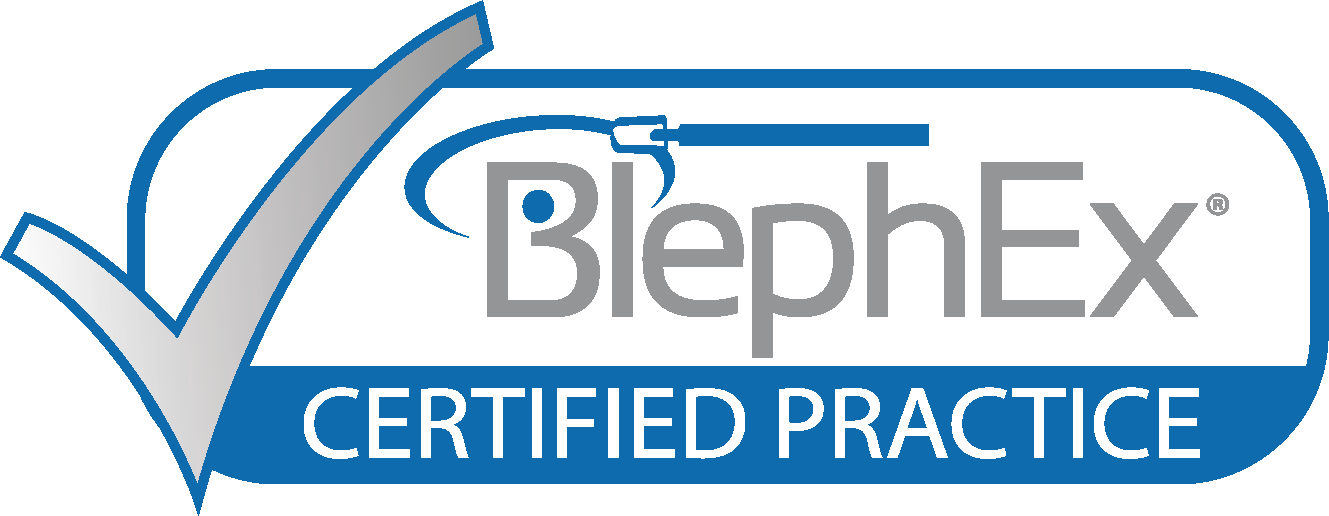 BlephEx Certified Practice logo: blue and silver checkmark, text in a blue rectangle.