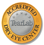 Accredited Dry Eye Center logo with a gold and silver circular design. Contains 