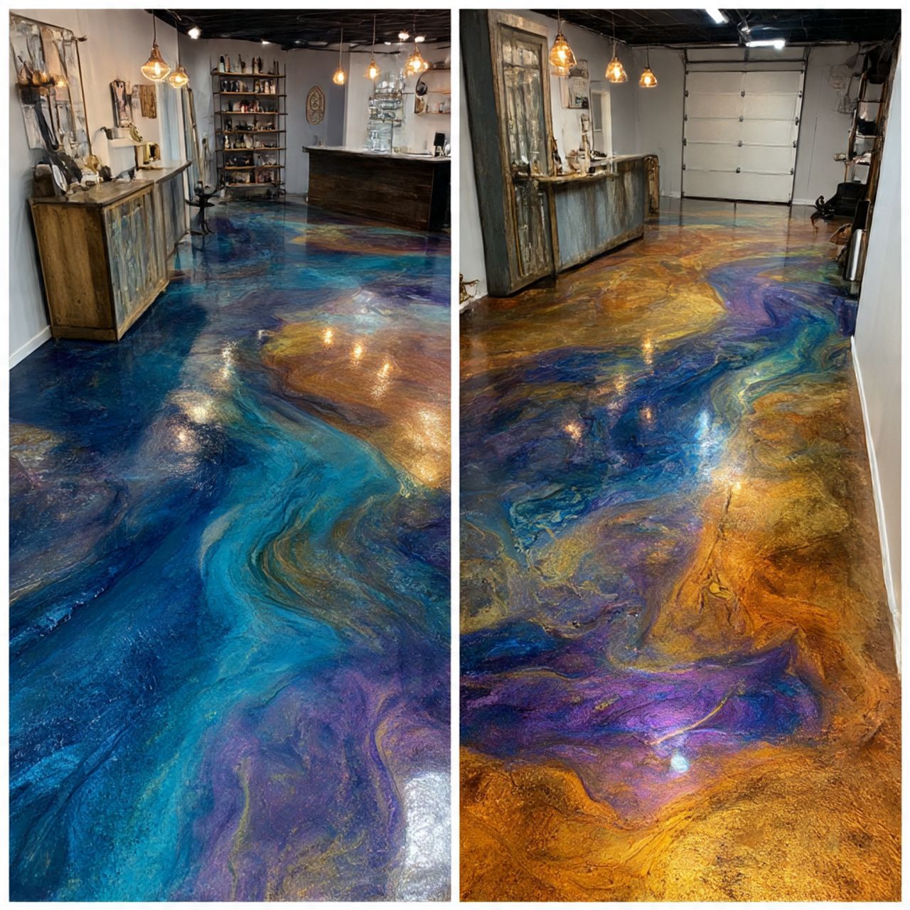 Garage floor with swirling metallic epoxy finish, shifting from blue and purple to gold and orange.