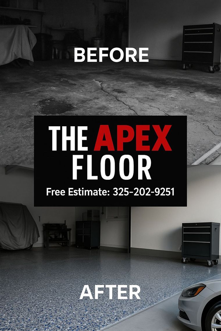 Before-and-after garage floor coating ad with “The Apex Floor” logo and phone number.