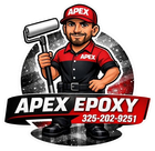 Apex Epoxy logo with a worker holding a floor roller and phone number 325-202-9251