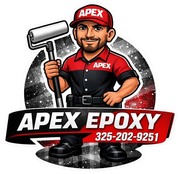 Apex Epoxy logo with a worker holding a floor roller and phone number 325-202-9251