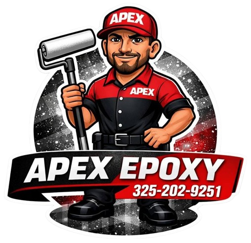 Apex Epoxy logo with a worker holding a floor roller and phone number 325-202-9251