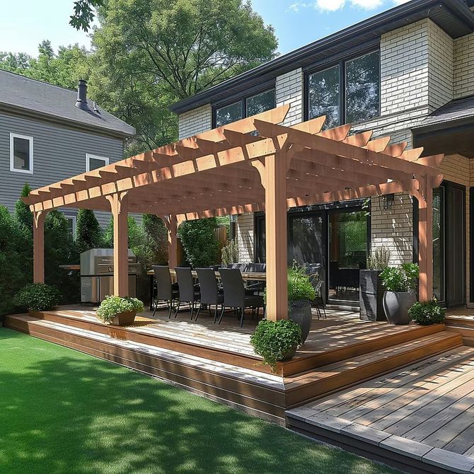 Backyard patio with wooden pergola, dining table, and chairs beside a modern house and lawn