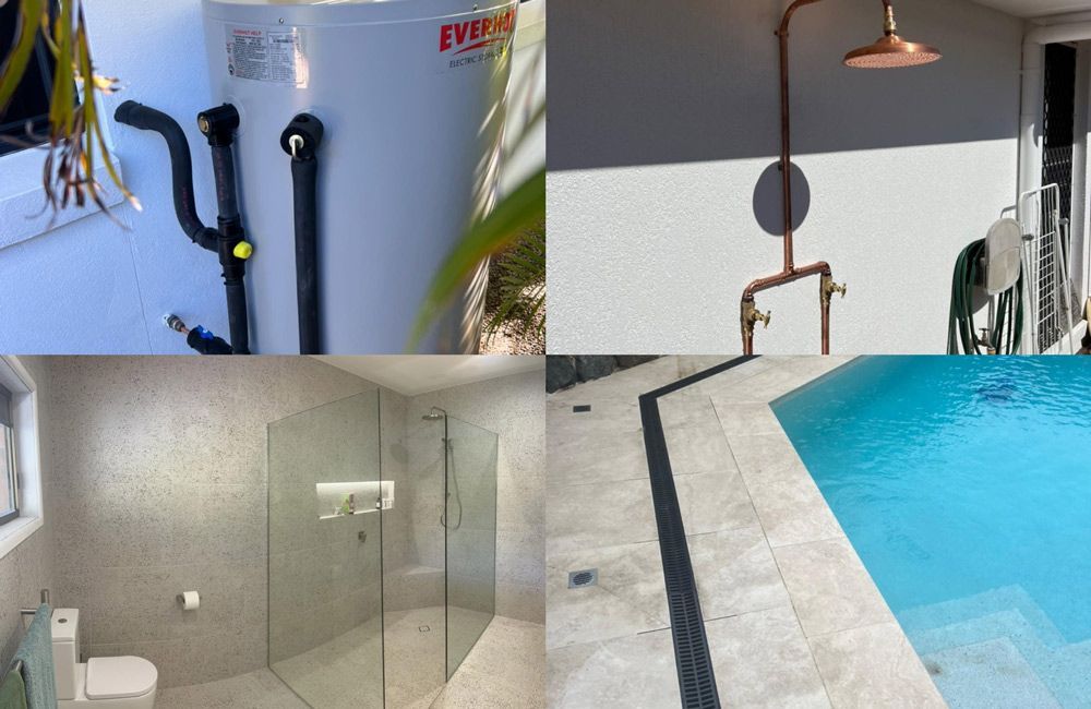 Collage of Four Pictures of a Bathroom and a Pool — R.K. Plumbing & Gas In Bli Bli, QLD