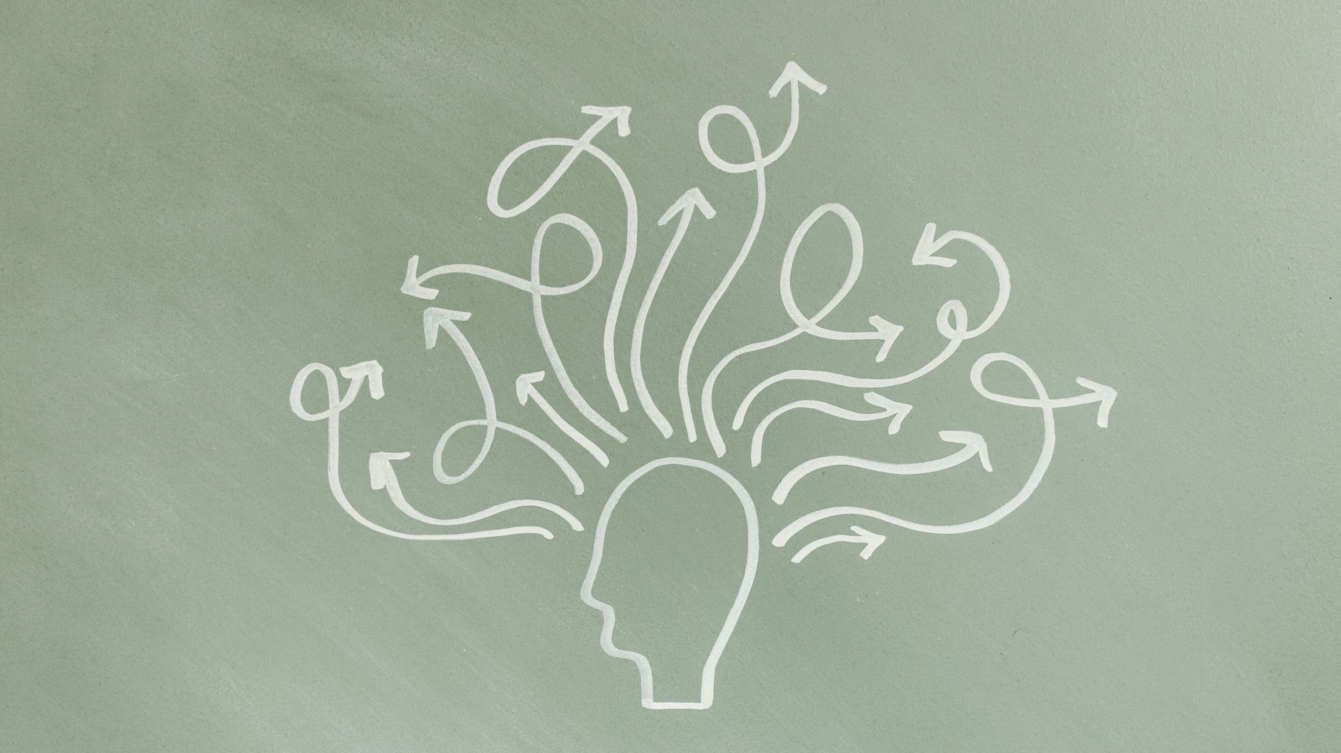 A drawing of a head with arrows coming out of it.