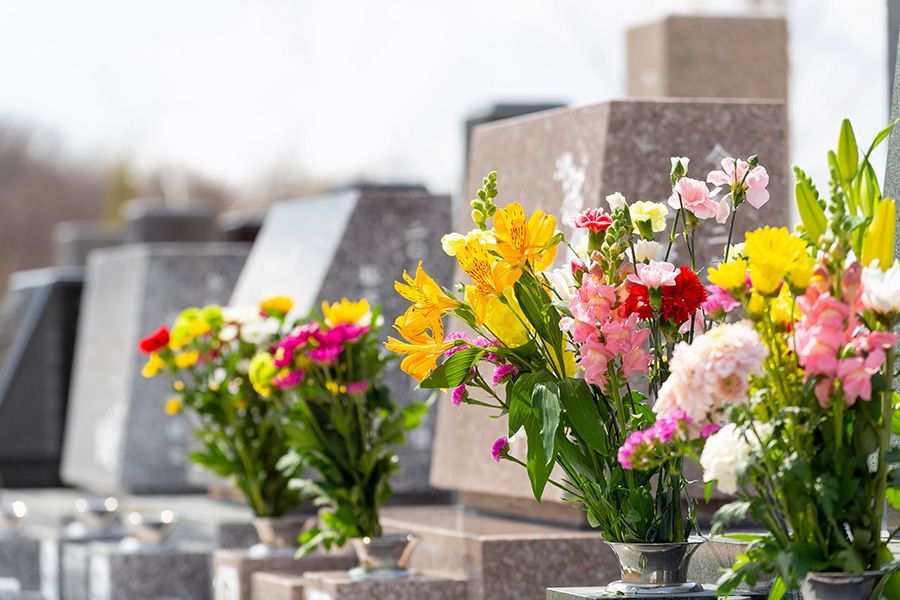 A cemetery with flowers in vases on the graves.