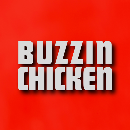 Buzzin chicken is written in white on a red background