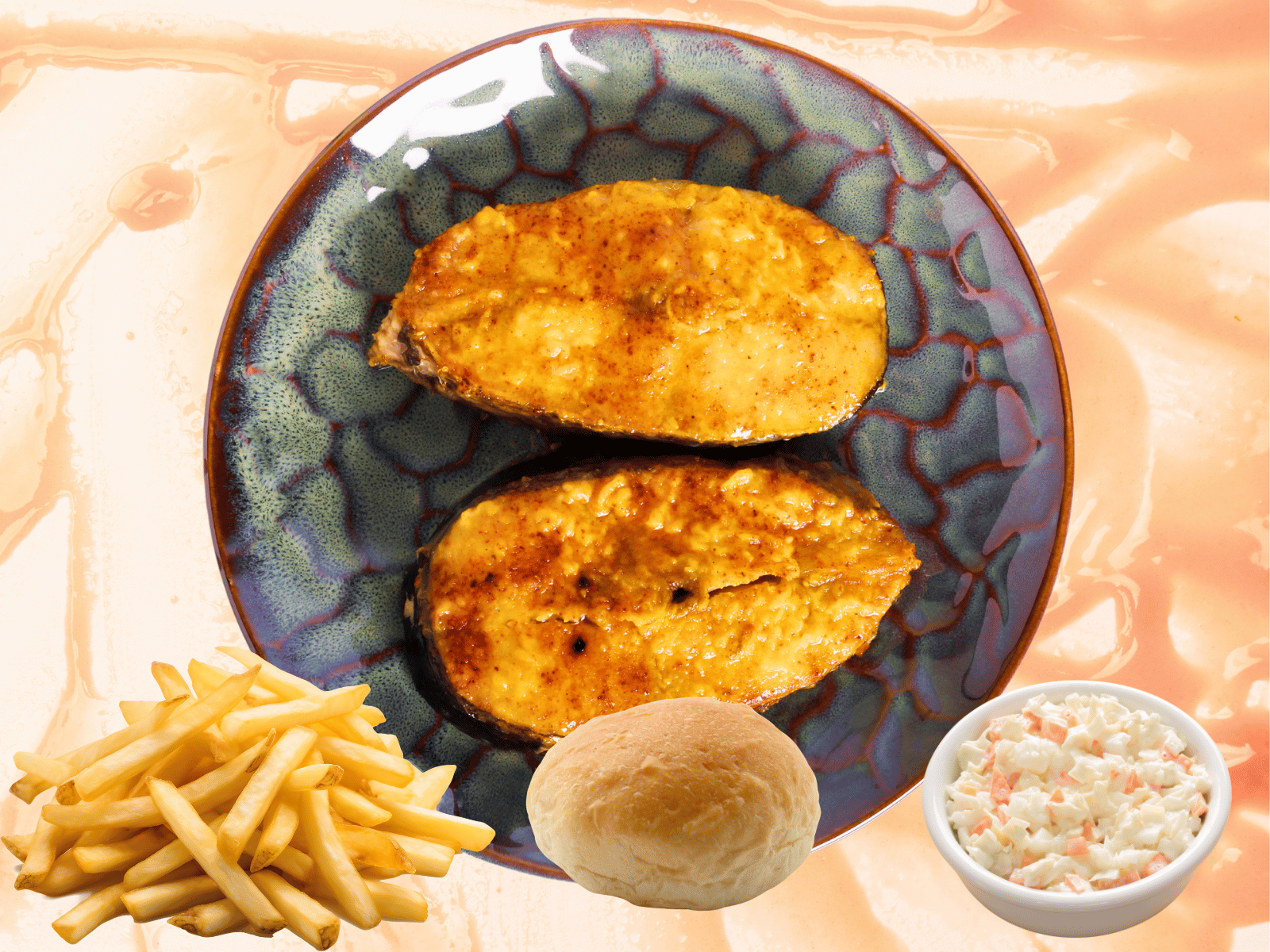 A plate of food with french fries and coleslaw