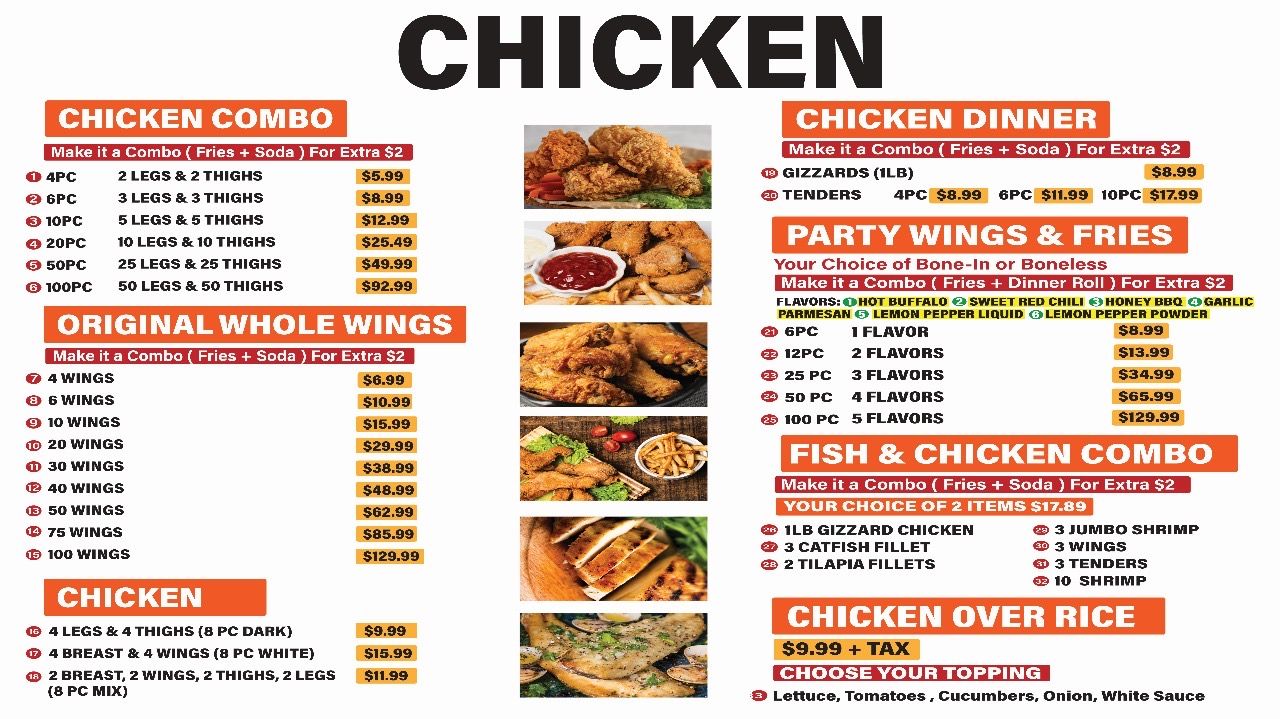Menu board for chicken dishes, with prices. Includes chicken combos, dinners, wings, fish, and rice bowls.