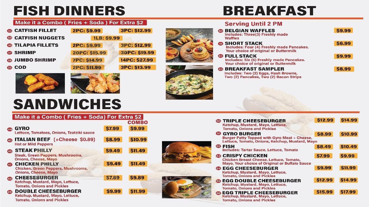Restaurant menu with fish dinners, breakfast items, sandwiches, and combos.