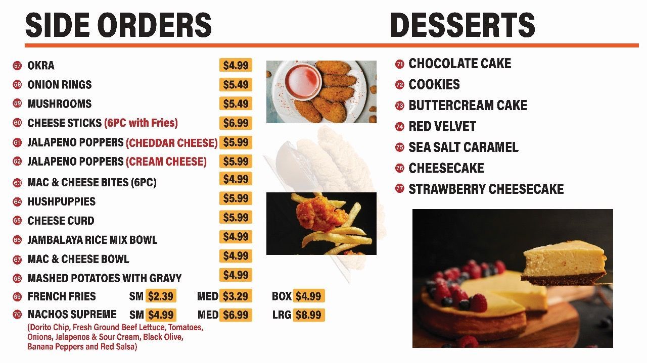 Menu with side orders and desserts. Includes photos of fried food and cheesecake.