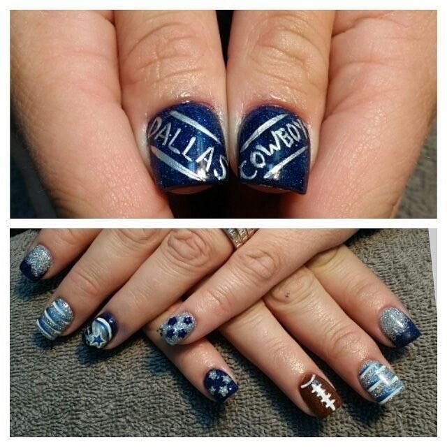 A woman 's nails are decorated with dallas and cowboys logos