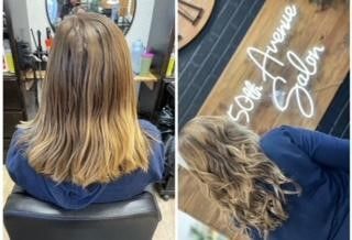 A before and after photo of a woman getting her hair done at a salon.