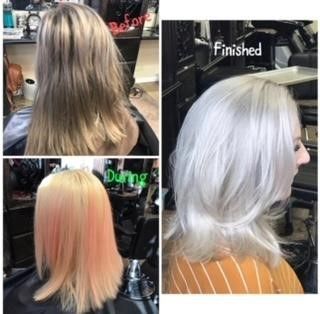 A collage of four pictures of a woman 's hair before and after being bleached.