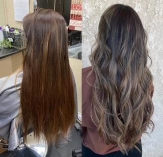 A before and after photo of a woman 's hair in a salon.